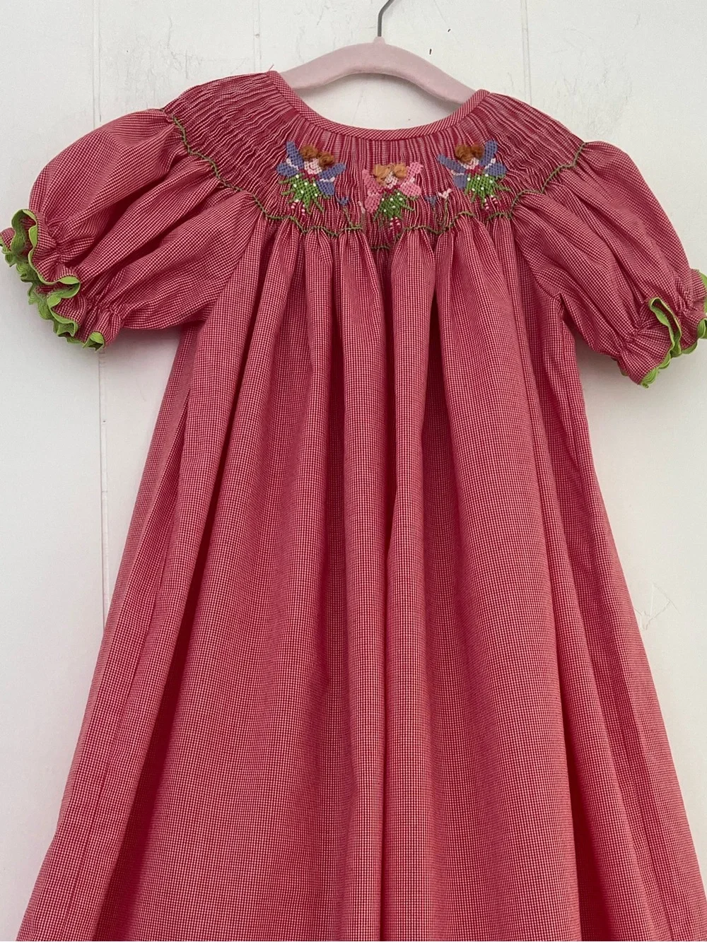 Girls' Red Gingham Smocked Bishop Dress FAIRIES size 4-5